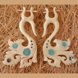 Organic Carved Bone Earring Peacock Tribal Design Turquoise Stone ERUQ30