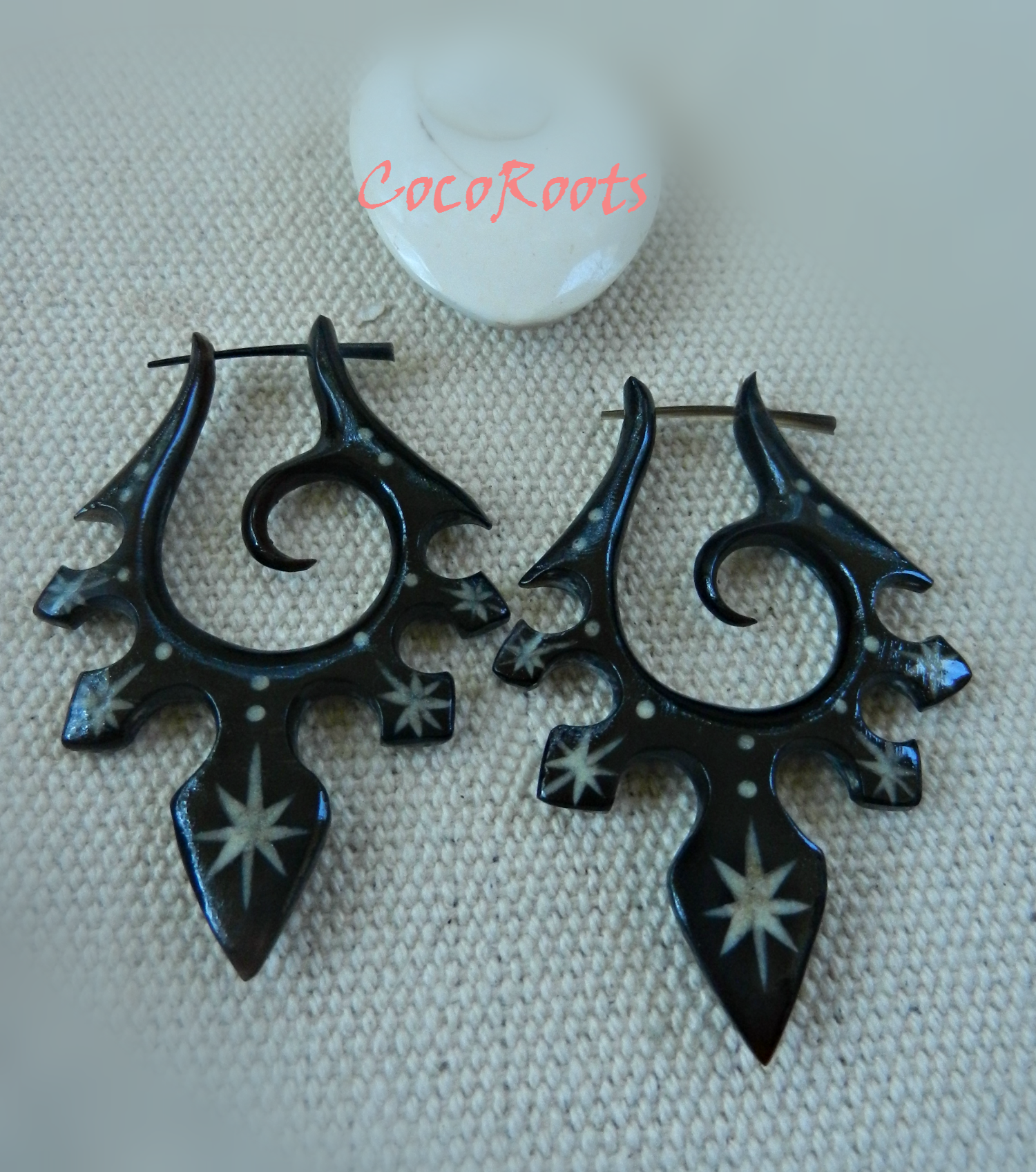 Horn Earring Natraj Design Handmade Organic Natural Bone Inlay - Image 2
