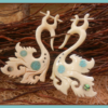 Organic Carved Bone Earring Peacock Tribal Design Turquoise Stone ERUQ30