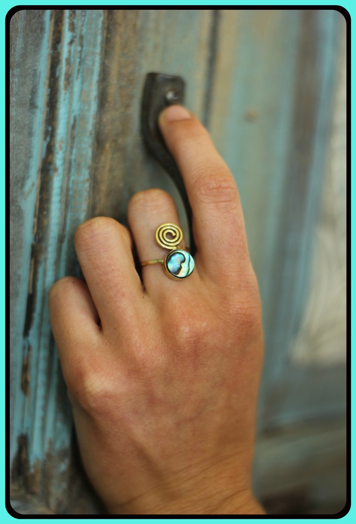 Tribal Abalone Brass Ring Handmade Organic Design - Image 3