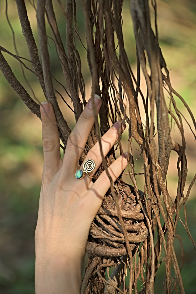 Tribal Abalone Brass Ring Handmade Organic Design - Image 4