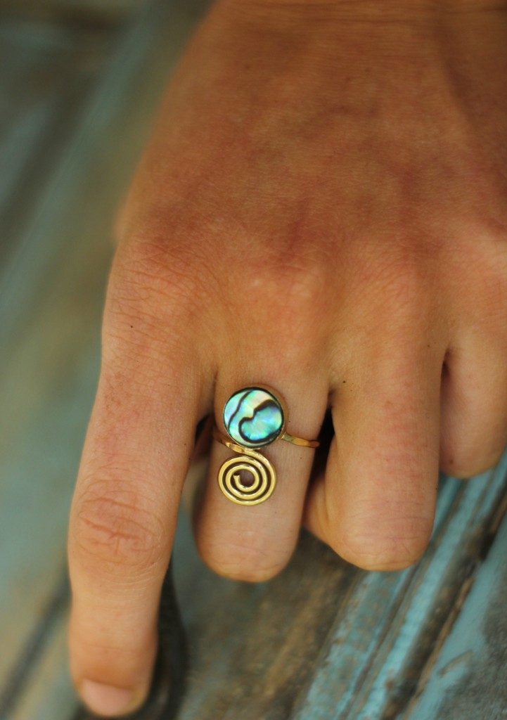 Tribal Abalone Brass Ring Handmade Organic Design - Image 5