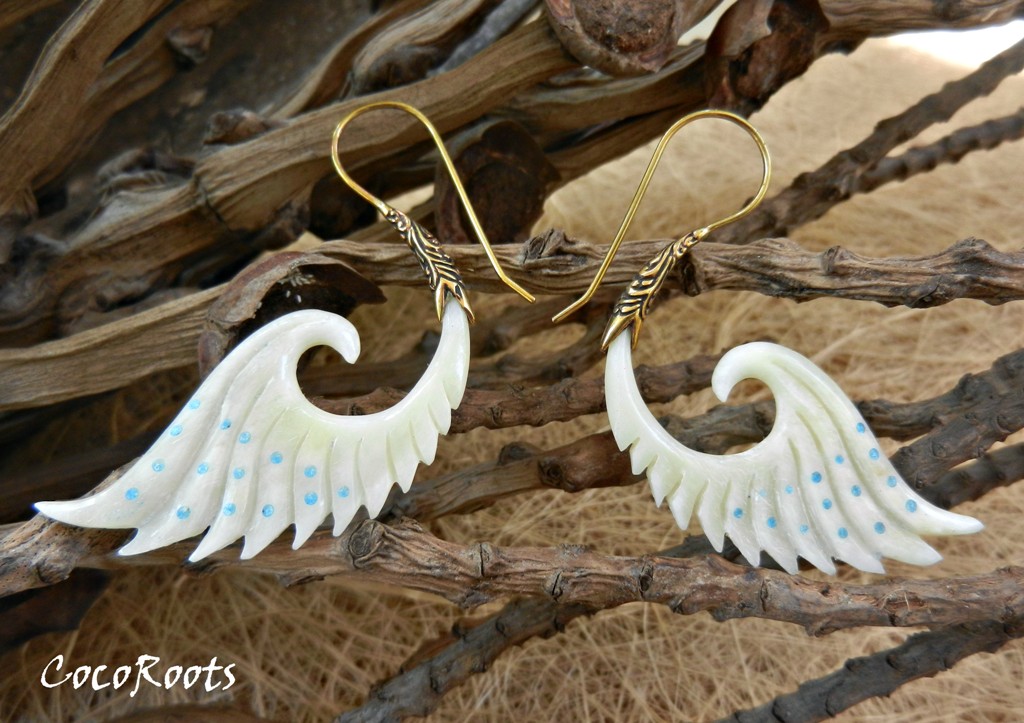 Angel Wings Bone Earring Carved Brass Hook ERBBS11