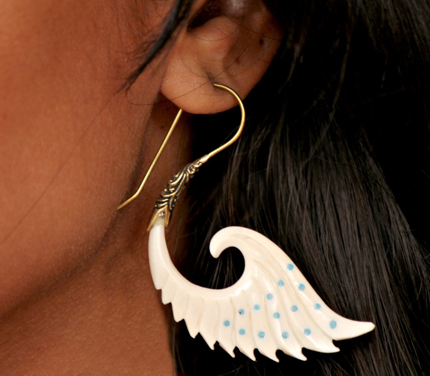 Angel Wings Bone Earring Carved Brass Hook ERBBS11