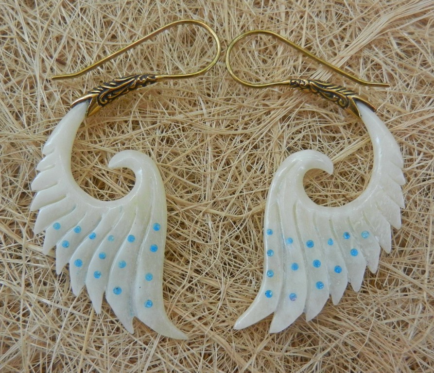 Angel Wings Bone Earring Carved Brass Hook ERBBS11