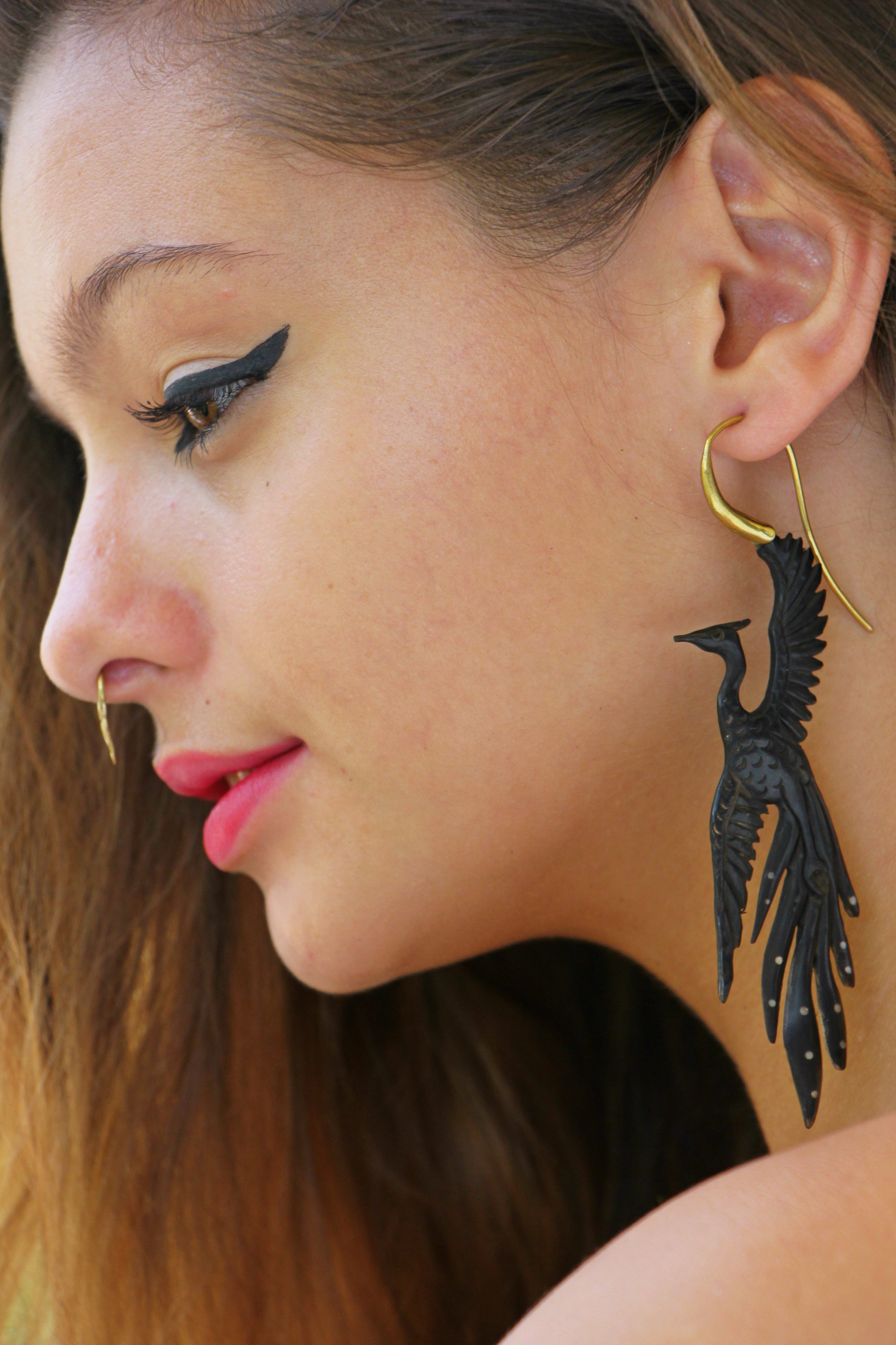 Phoenix Horn Earring Tribal Dangle Brass hook ERHBS04