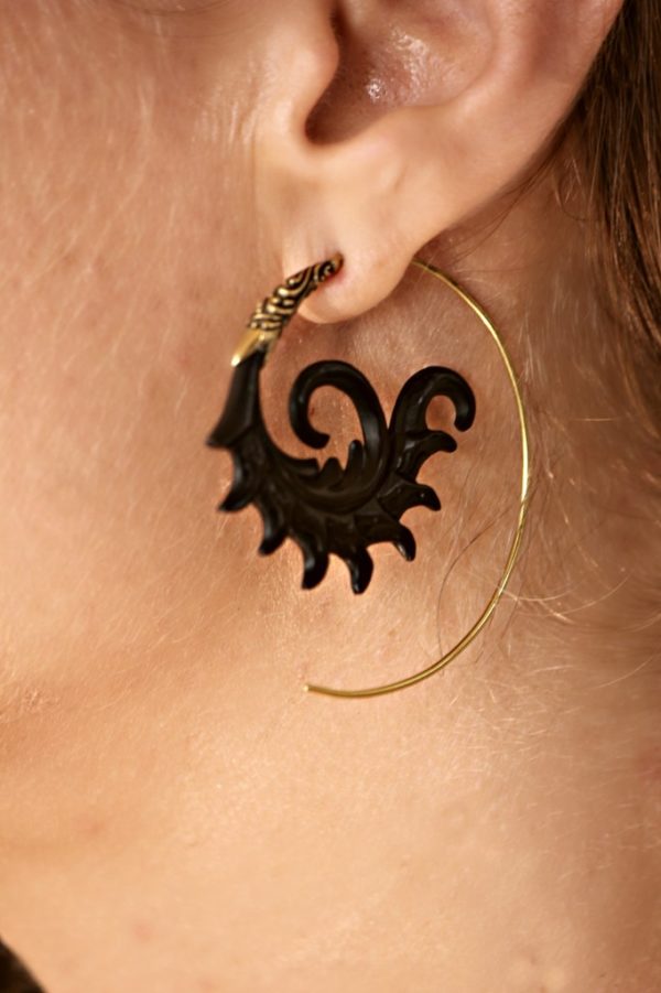 Spiral Carved Earrings Tribal Horn Hoops Aztec Sun ERHBS35