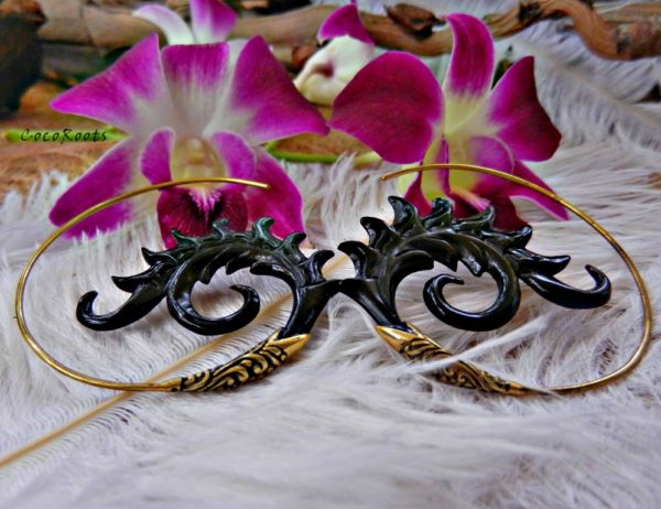 Spiral Carved Earrings Tribal Horn Hoops Aztec Sun ERHBS35