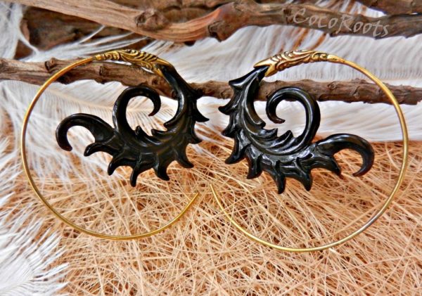 Spiral Carved Earrings Tribal Horn Hoops Aztec Sun ERHBS35