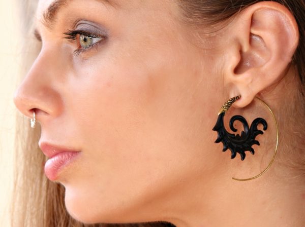 Spiral Carved Earrings Tribal Horn Hoops Aztec Sun ERHBS35