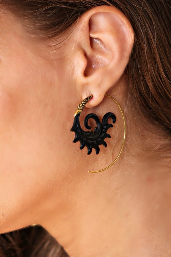 Spiral Carved Earrings Tribal Horn Hoops Aztec Sun ERHBS35