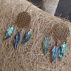 Shell Earrings Carved Abalone Feathers Handmade Brass Flower of Life Dream Catcher ERCW10