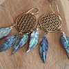 Shell Earrings Carved Abalone Feathers Handmade Brass Flower of Life Dream Catcher ERCW10