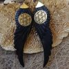 Long Black Angel Wings Earrings Carved Horn Handmade Brass Flower of Life ERCW08
