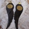 Long Black Angel Wings Earrings Carved Horn Handmade Brass Flower of Life ERCW08