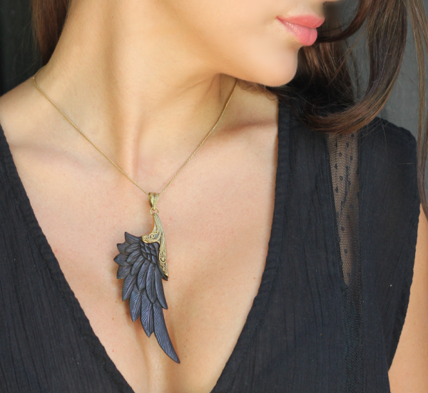 Wing Bird Angel Black Horn Carved Natural Double Sided Large Pendant Necklace