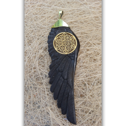 Black Angel Wings Pendant Carved Horn Geometric Flower of Life Gold PNCW03