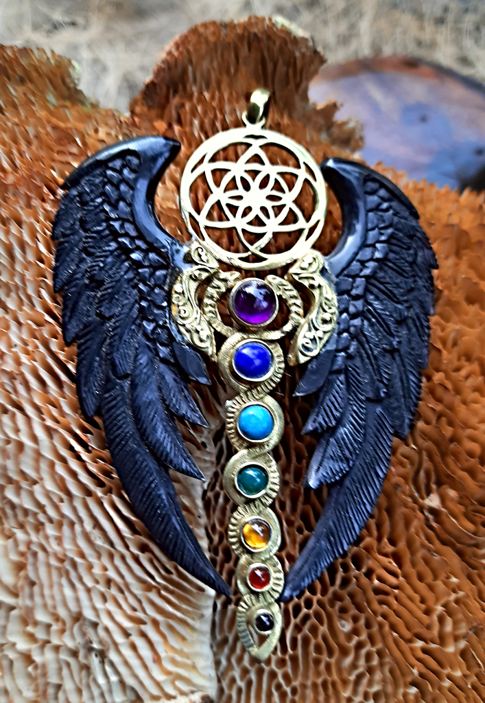 Chakra Pendant Unique Angel wings Hand Carved Horn Flower of Life