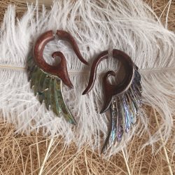 Angel Wings Earrings Wood Fake Gauge Sea Shell Abalone Carved Handmade PFG28
