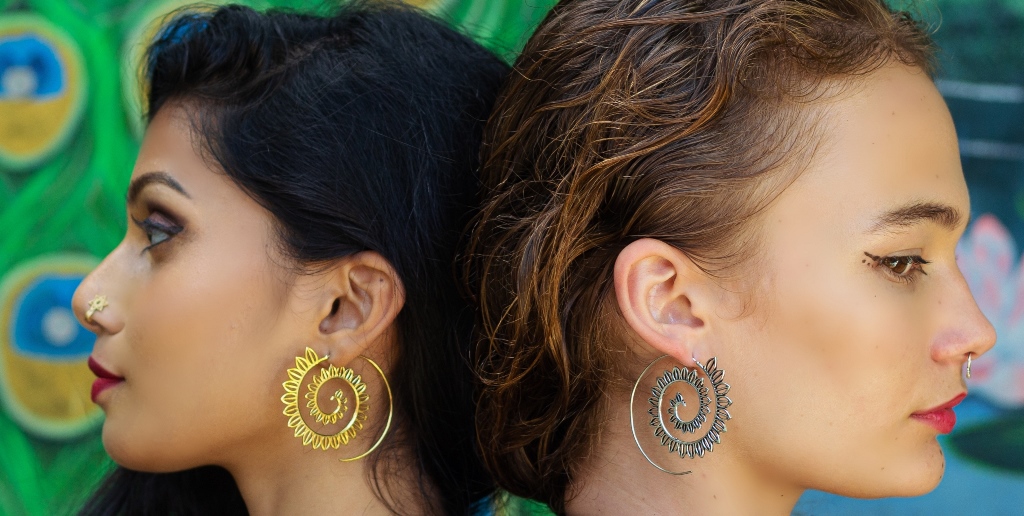 Spiral Earrings Gold Dangle Drop Tribal Brass Hoops ERHZ17