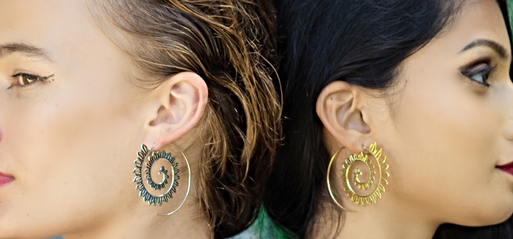 Spiral Earrings Gold Dangle Drop Tribal Brass Hoops ERHZ17
