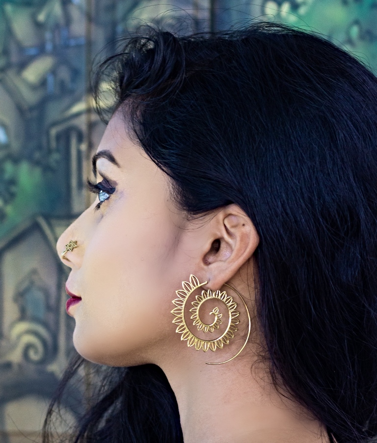Spiral Earrings Gold Dangle Drop Tribal Brass Hoops ERHZ17