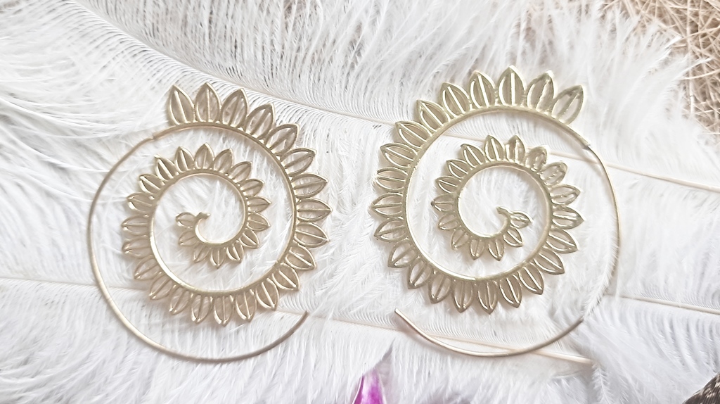 Spiral Earrings Gold Dangle Drop Tribal Brass Hoops ERHZ17