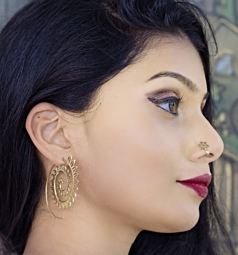 Spiral Earrings Gold Dangle Drop Tribal Brass Hoops ERHZ17