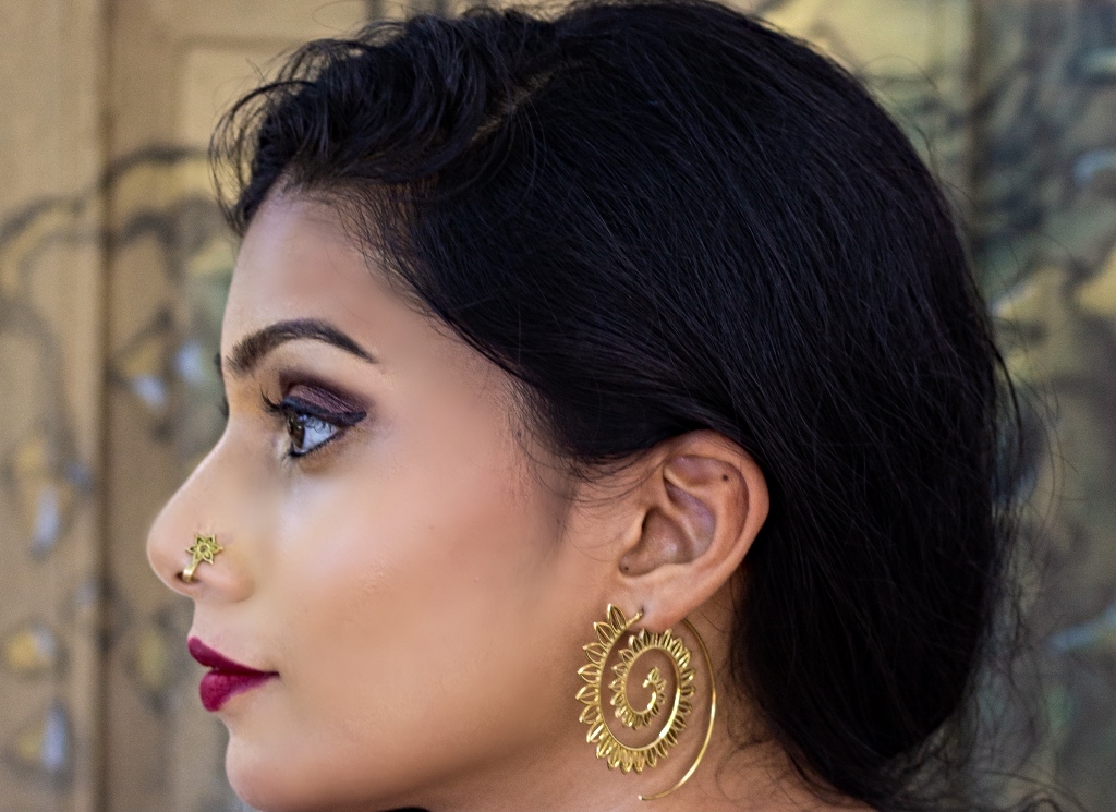 Spiral Earrings Gold Dangle Drop Tribal Brass Hoops ERHZ17