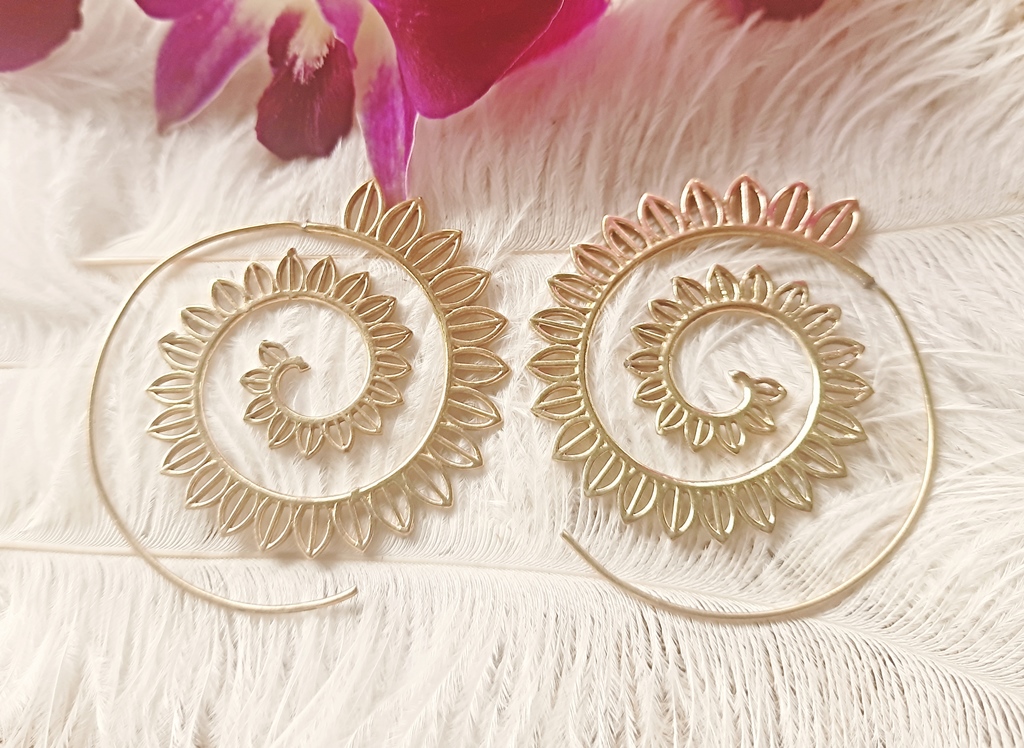 Spiral Earrings Gold Dangle Drop Tribal Brass Hoops ERHZ17