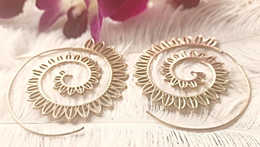 Spiral Earrings Gold Dangle Drop Tribal Brass Hoops ERHZ17