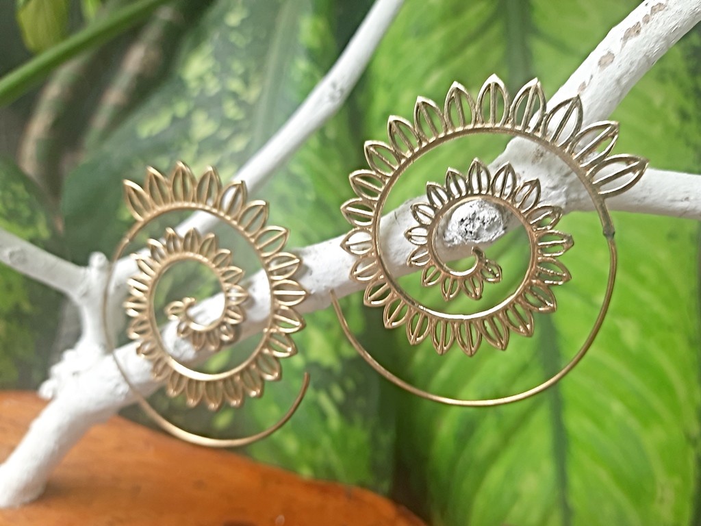 Spiral Earrings Gold Dangle Drop Tribal Brass Hoops ERHZ17
