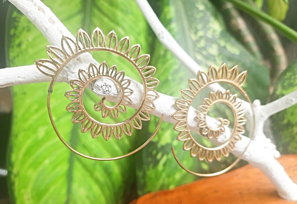 Spiral Earrings Gold Dangle Drop Tribal Brass Hoops ERHZ17