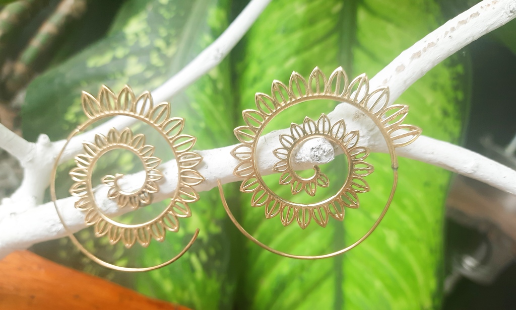 Spiral Earrings Gold Dangle Drop Tribal Brass Hoops ERHZ17