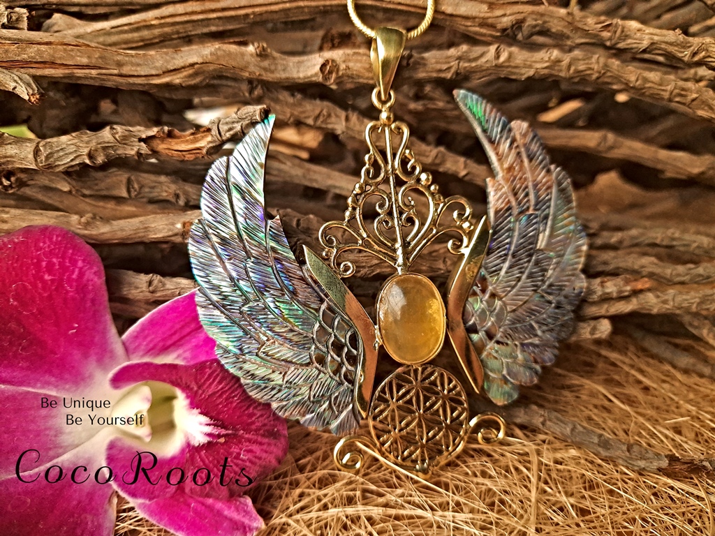 Sea Shell Pendant Handmade Abalone Carved Angel Wings Onyx Stone