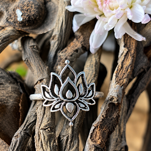 Small-delicate-silver-lotus-ring-in-silver-coloured-brass-by-CocoRoot