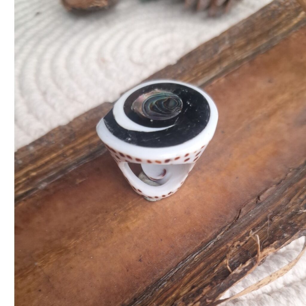 Abalone shell ring with black spiral inlay, handmade organic ring RNS016