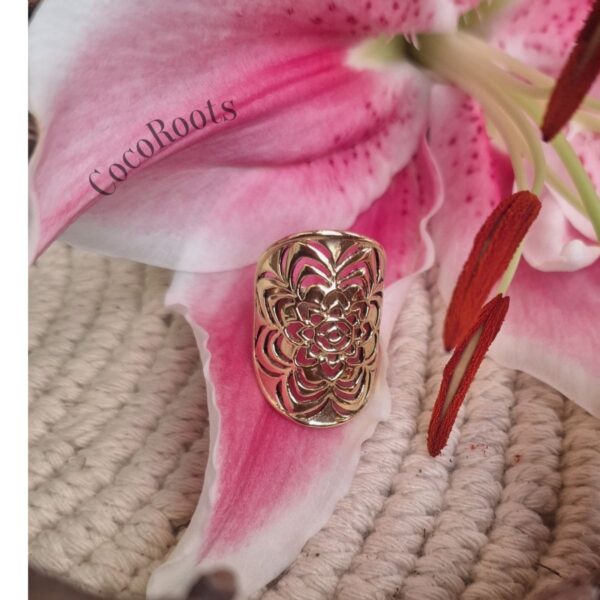 Brass lotus mandala ring on pink lily, handcrafted tribal ring by CocoRoots