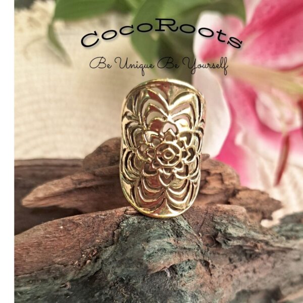 Brass lotus mandala ring on pink lily, handcrafted tribal ring by CocoRoots