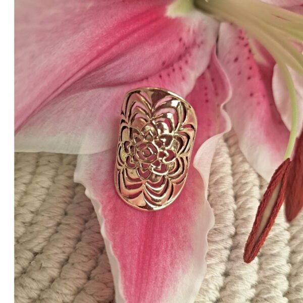 Brass lotus mandala ring on pink lily, handcrafted tribal ring by CocoRoots