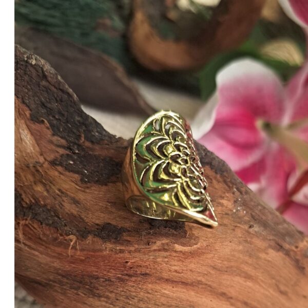 Brass lotus mandala ring on pink lily, handcrafted tribal ring by CocoRoots