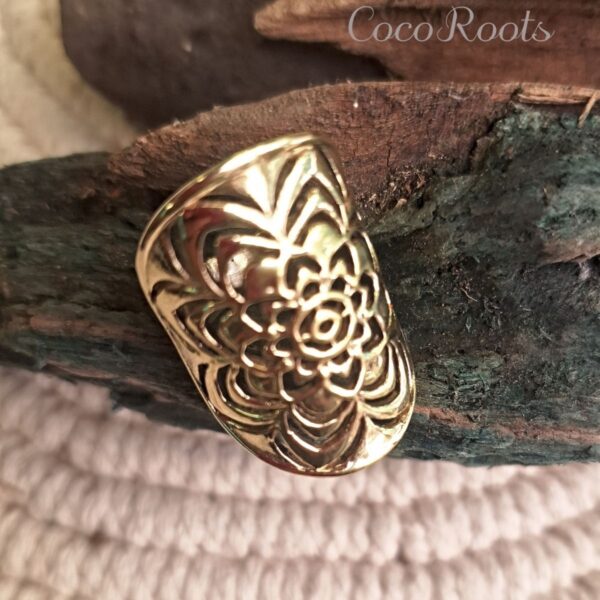 Brass lotus mandala ring on pink lily, handcrafted tribal ring by CocoRoots