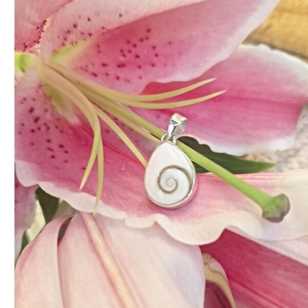 Shiva Eye teardrop pendant 92.5 sterling silver on pink lily, PSESL04 by CocoRoots