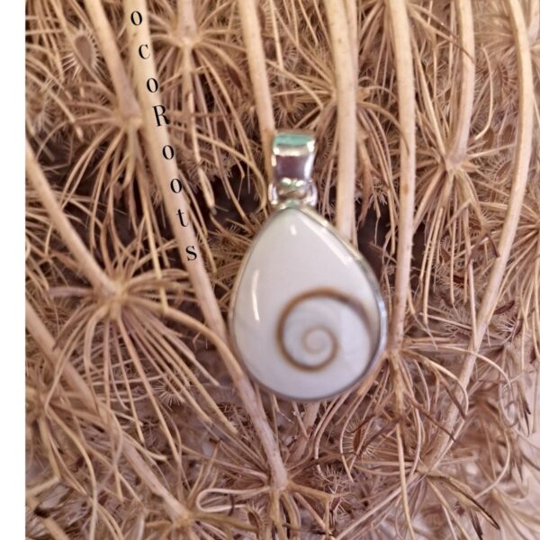 Silver Shiva Eye shell pendant with golden-brown spiral, 2.5 x 1.5 cm