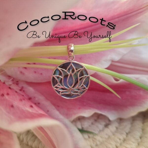 Silver lotus pendant 92.5 sterling with abalone shell, 2.5 x 2 cm, by CocoRoots