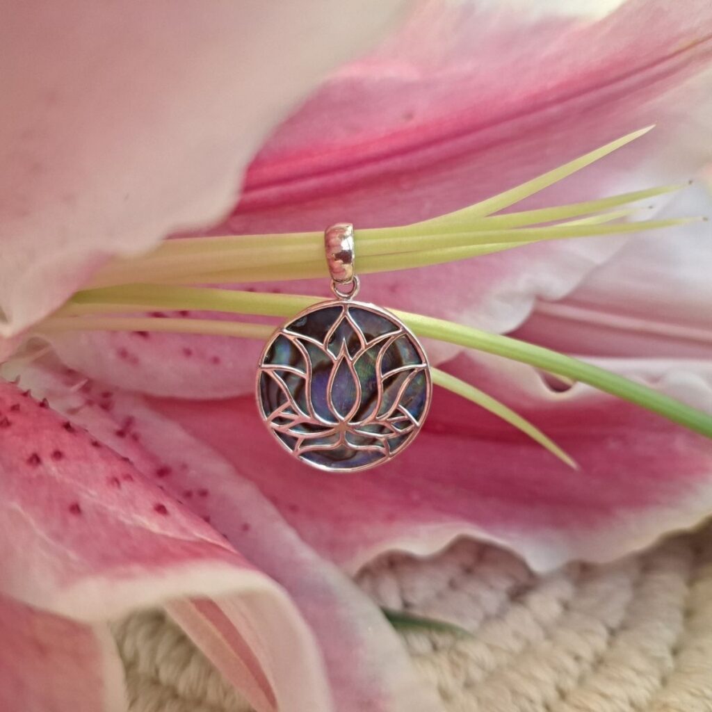 Silver lotus pendant 92.5 sterling with abalone shell, 2.5 x 2 cm, by CocoRoots